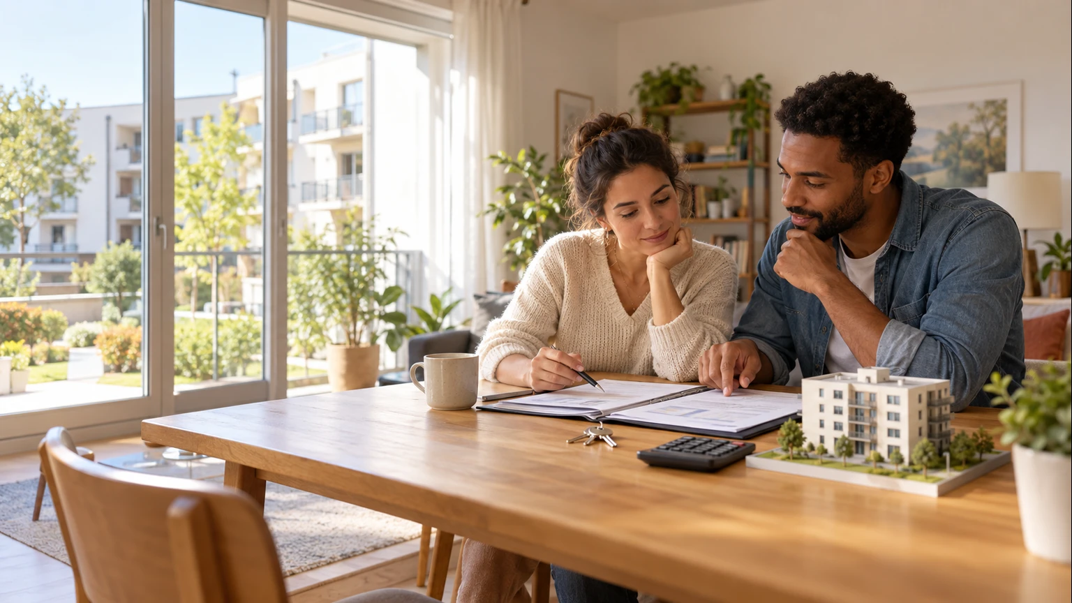 Locataires examinant un projet d’achat dans leur appartement avec clés, documents et maquette d’immeuble, sans texte lisible