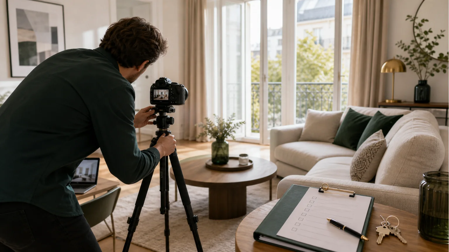 Dossier vendeur et annonce immobilière préparés avec diagnostics et photos de logement