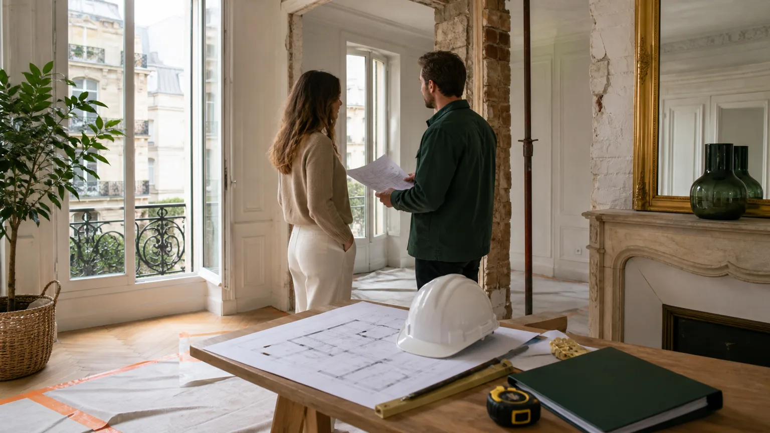 Propriétaire et professionnel vérifiant des plans, un casque de chantier et un dossier assurance dans un appartement en rénovation sans texte lisible