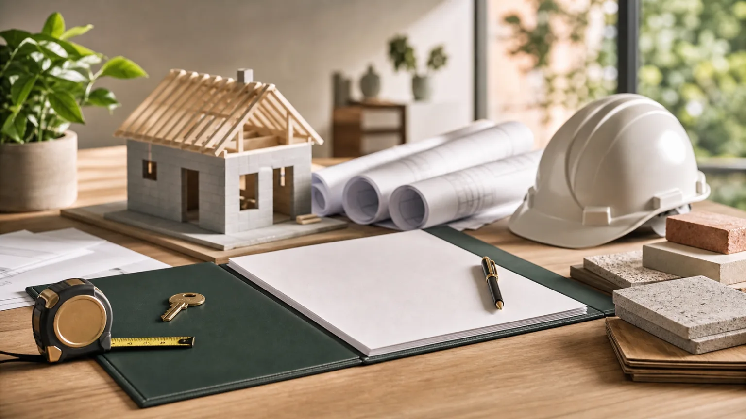 Bureau d’architecte avec maquette de maison, plans de construction, casque de chantier, clé, mètre et dossier de contrat sans texte lisible