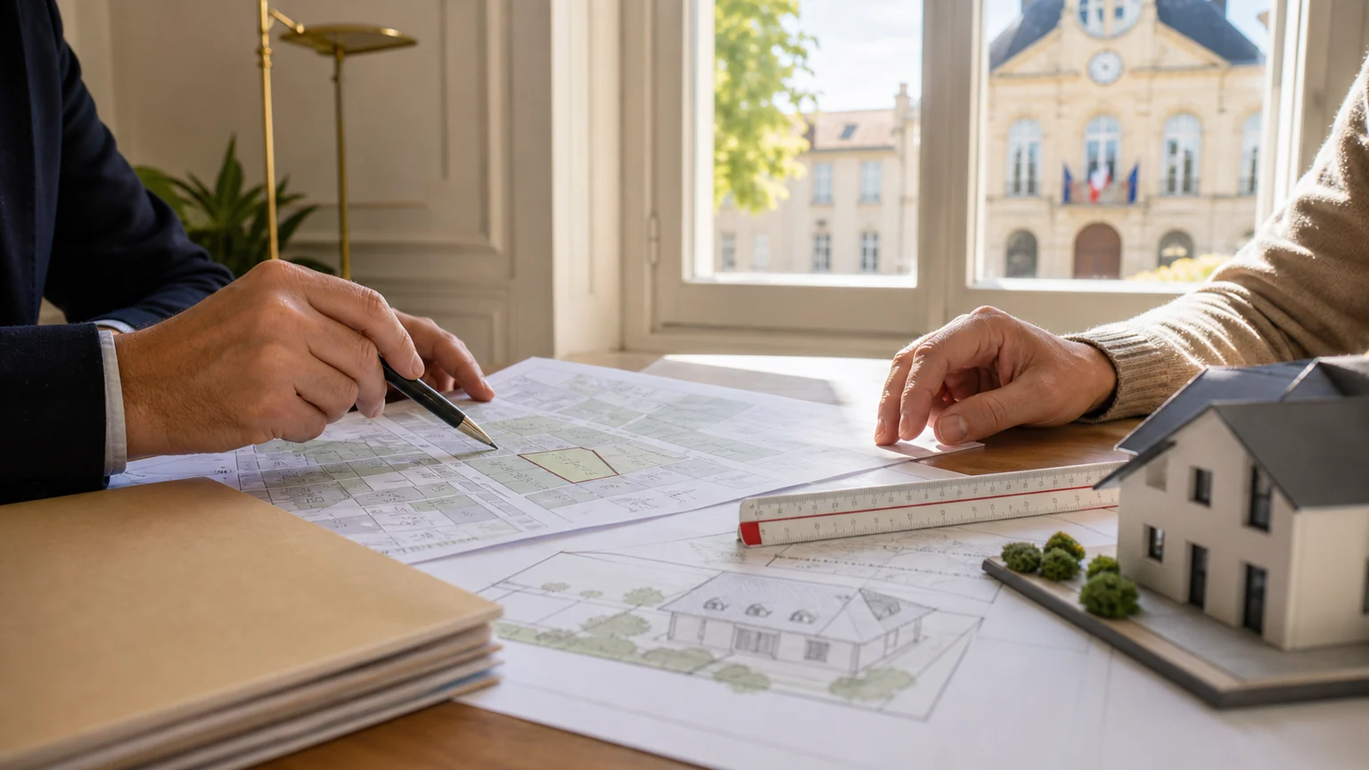 Acheteur et conseiller immobilier étudiant un plan de parcelle et un projet de maison en mairie avant l’achat d’un terrain constructible