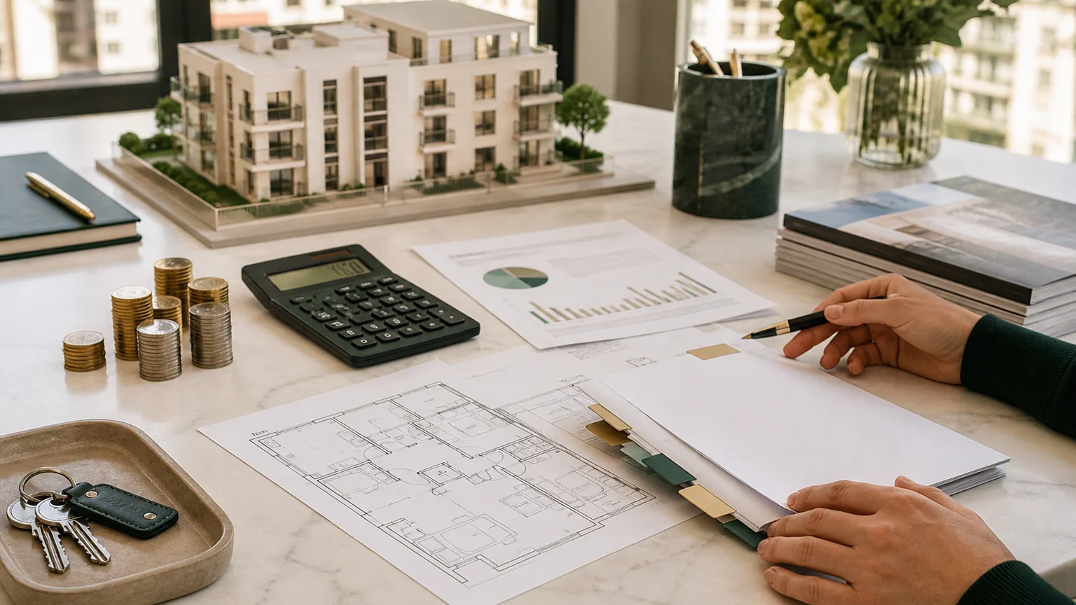 Dossier de charges de copropriété avec plans d’appartement, calculatrice, appels de fonds sans texte lisible, pièces et maquette d’immeuble