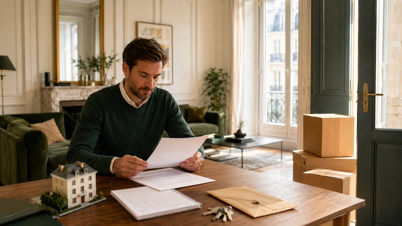 Bailleur préparant un congé pour reprise dans un appartement lumineux avec clés, enveloppe, maquette immobilière et cartons sans texte lisible