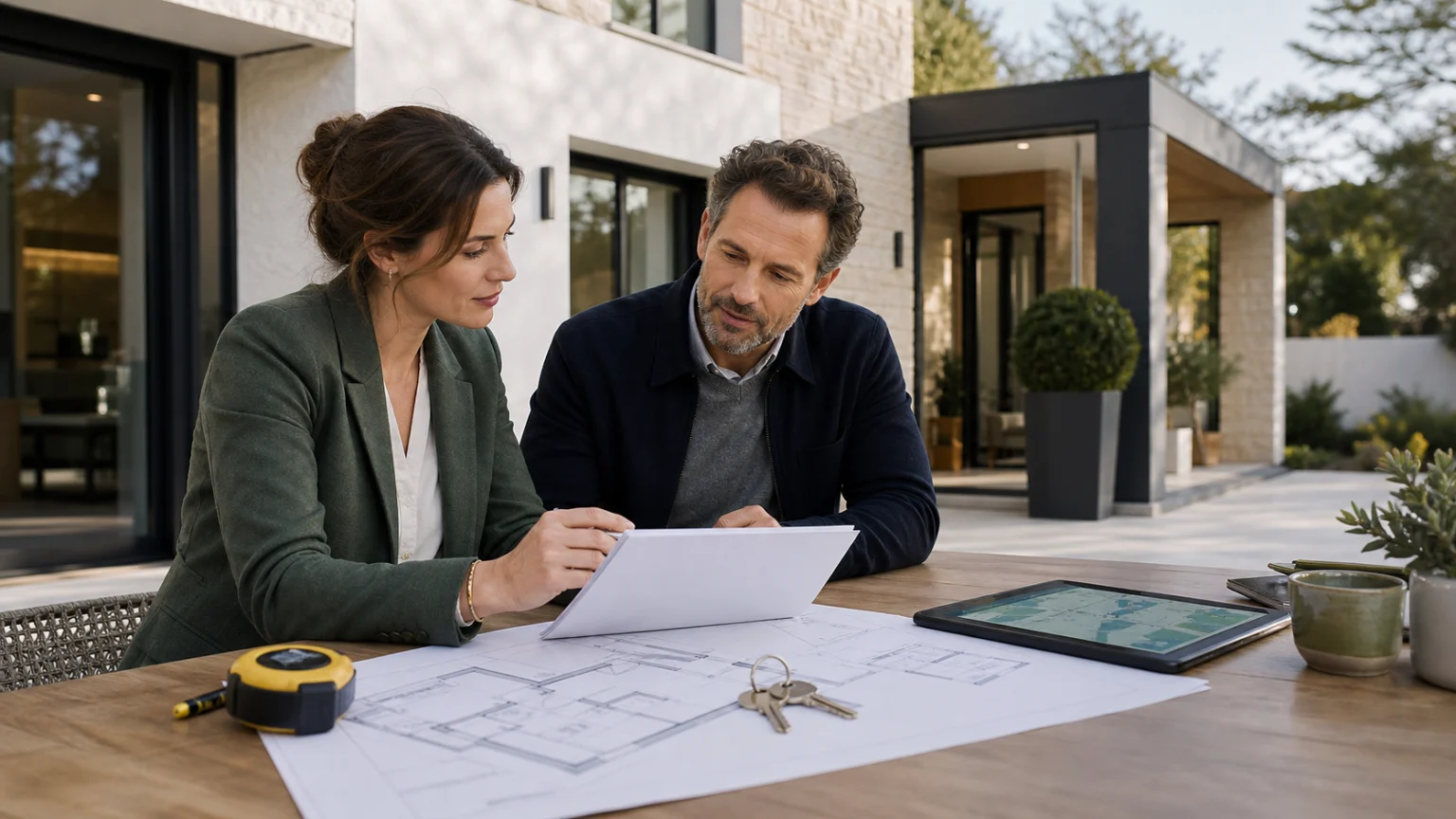 Propriétaire et conseillère immobilière vérifiant un dossier de conformité de travaux avec plans, clés et maison rénovée sans texte lisible