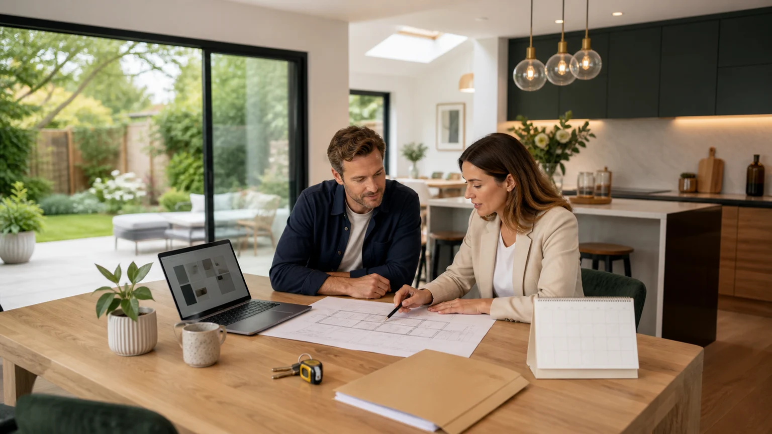 Propriétaire et conseillère immobilière vérifiant une extension terminée avec plans, ordinateur, calendrier vierge, clés et mètre ruban sans texte lisible