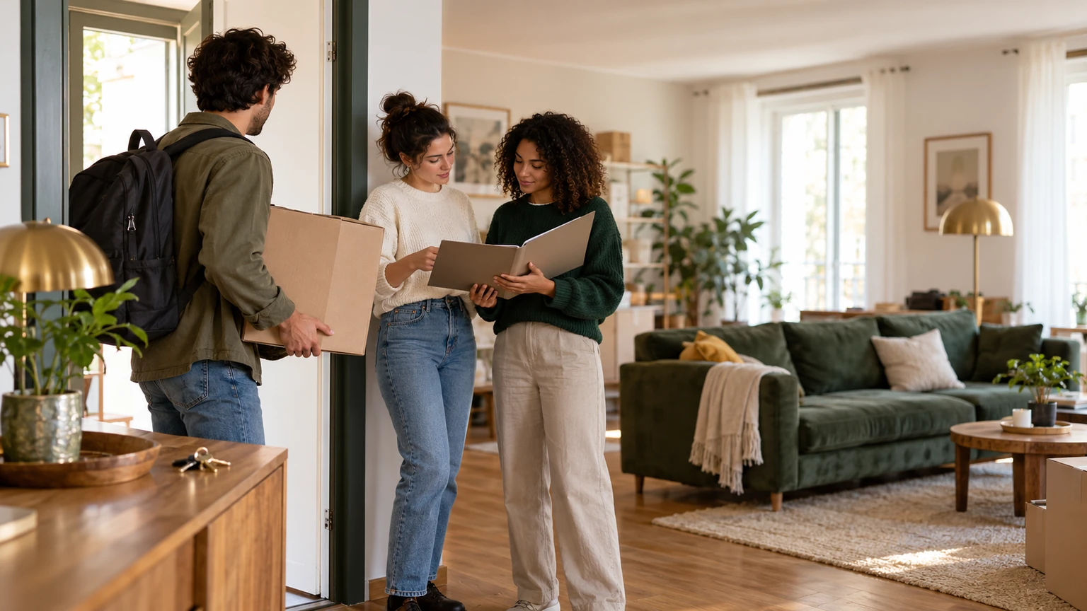 Un colocataire quitte un appartement avec un carton tandis que deux colocataires organisent la suite sans texte lisible