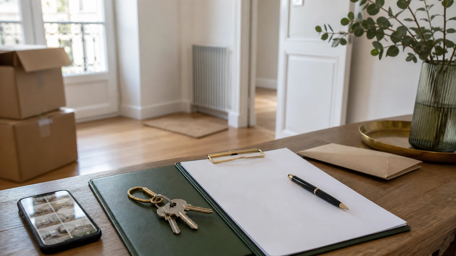 Clés de logement, dossier vert, feuille blanche et téléphone avec photos floutées pour préparer la restitution du dépôt de garantie sans texte lisible