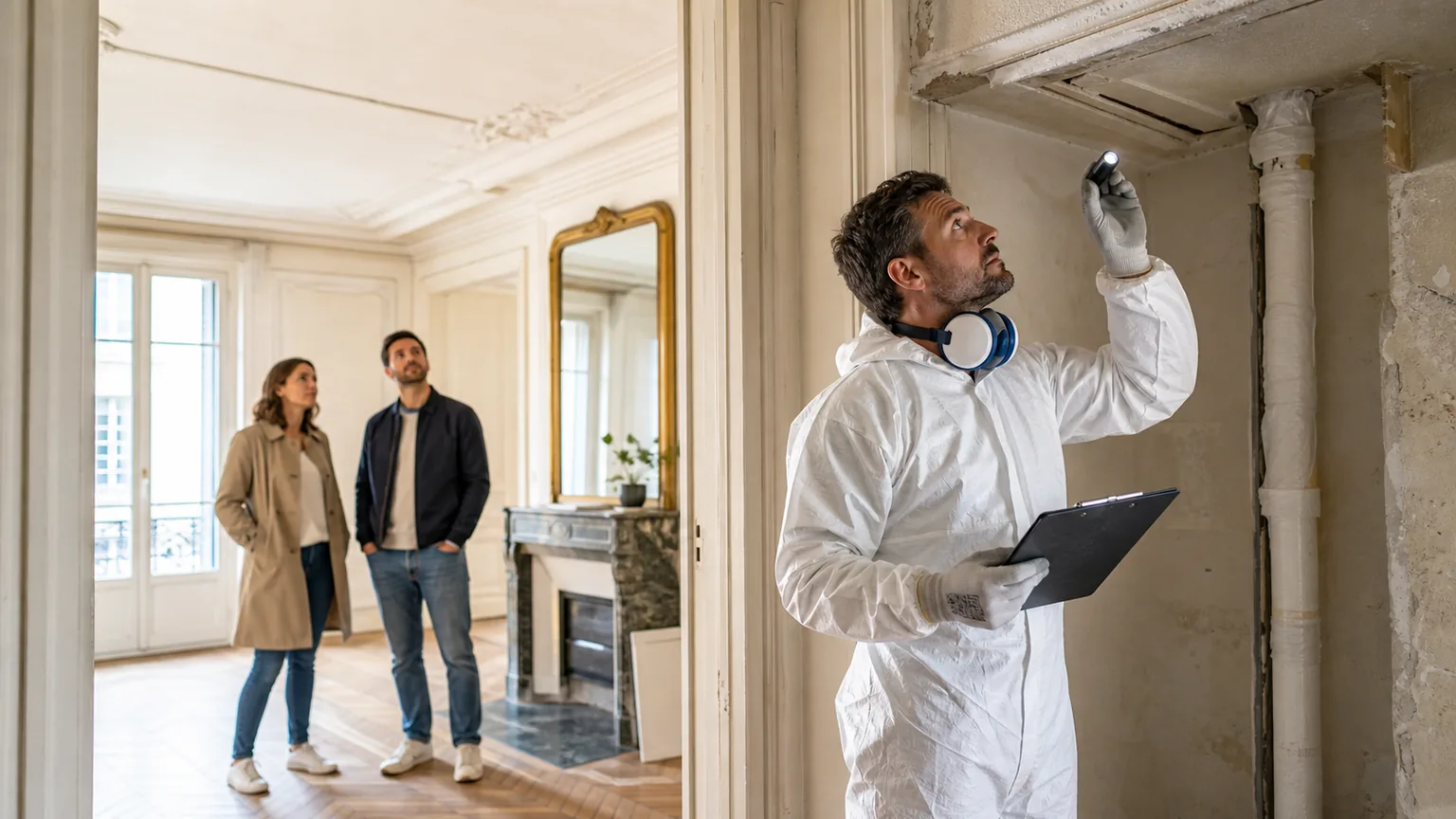 Diagnostiqueur immobilier inspectant un plafond et une gaine technique dans un appartement ancien avec acheteurs en arrière-plan, sans texte ni logo