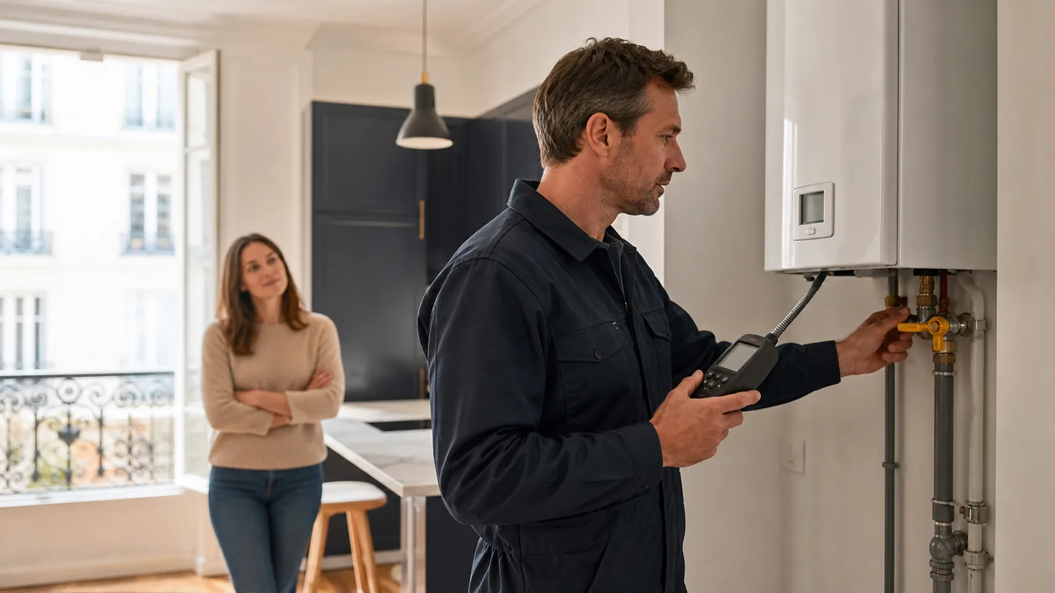 Diagnostiqueur immobilier contrôlant une chaudière gaz dans une cuisine d’appartement ancien avec une propriétaire en arrière-plan, sans texte ni logo