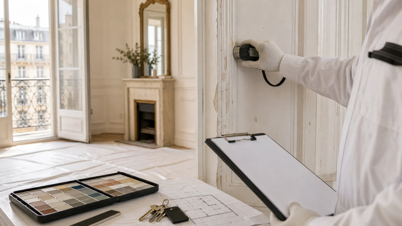 Diagnostiqueur immobilier contrôlant une peinture ancienne dans un appartement lumineux avec clipboard et plan, sans texte ni logo