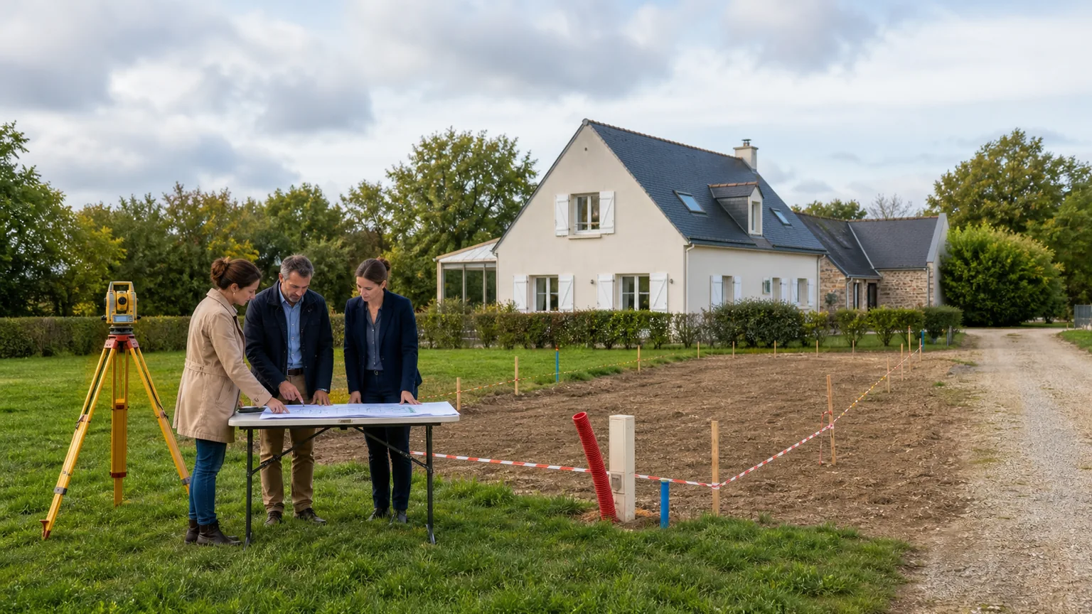 Propriétaire, géomètre et conseillère immobilière étudiant la division d’un jardin en terrain à bâtir avec bornes, accès et réseaux visibles sans texte lisible