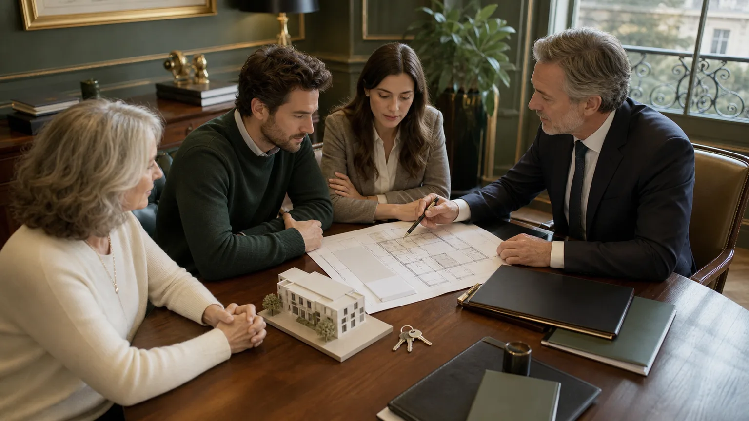 Famille et notaire étudiant un plan d’appartement, des clés et des dossiers de transmission immobilière sans texte lisible