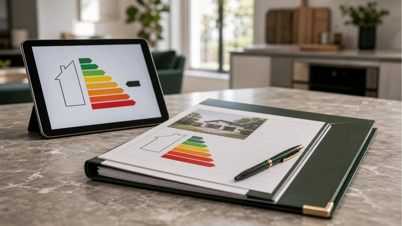 Conseiller immobilier présentant un diagnostic de performance énergétique à une propriétaire avant une vente