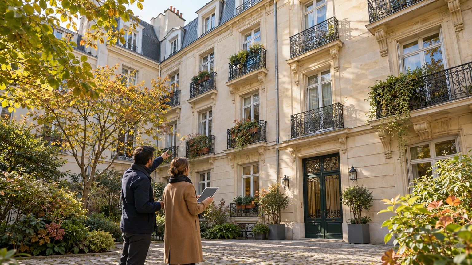 Syndic et diagnostiqueur observant la façade d’une petite copropriété dans une cour arborée sans texte lisible