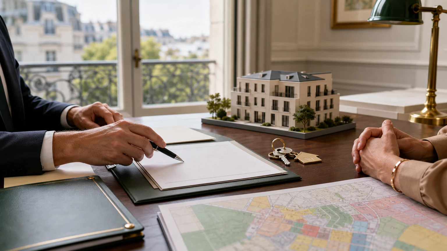 Notaire et propriétaire préparant une vente immobilière avec carte urbaine abstraite, formulaire vierge, clés et maquette sans texte lisible