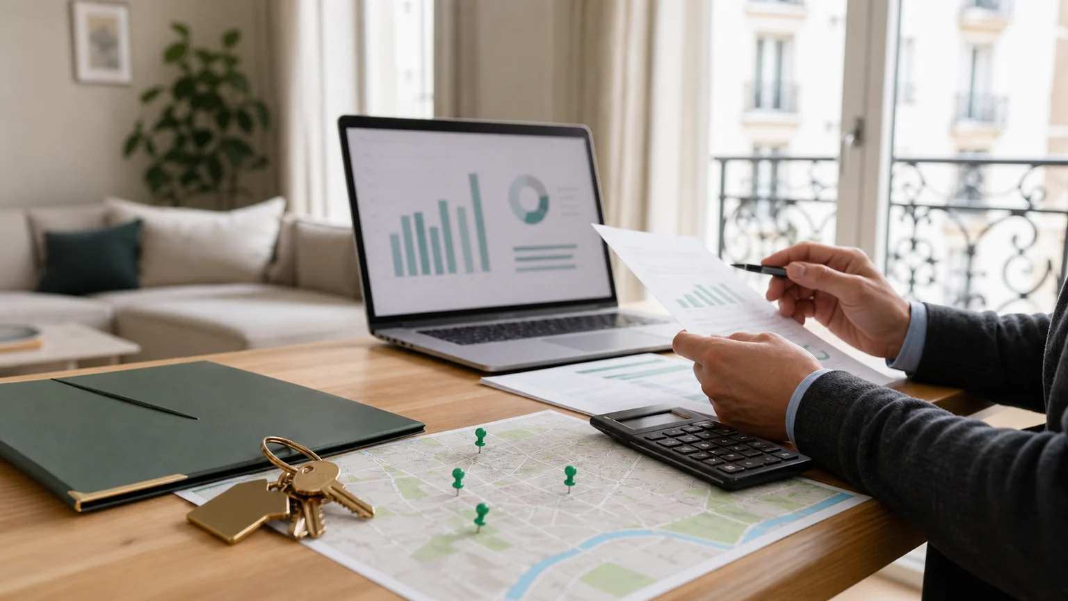 Propriétaire préparant un loyer locatif avec bail, calculatrice, clés et carte de quartier sans texte lisible