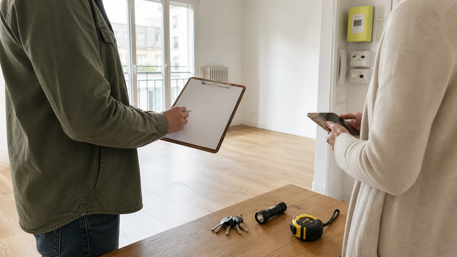 Bailleur et locataire inspectant un appartement vide avec clés, tablette, lampe torche, mètre ruban et compteurs sans texte lisible