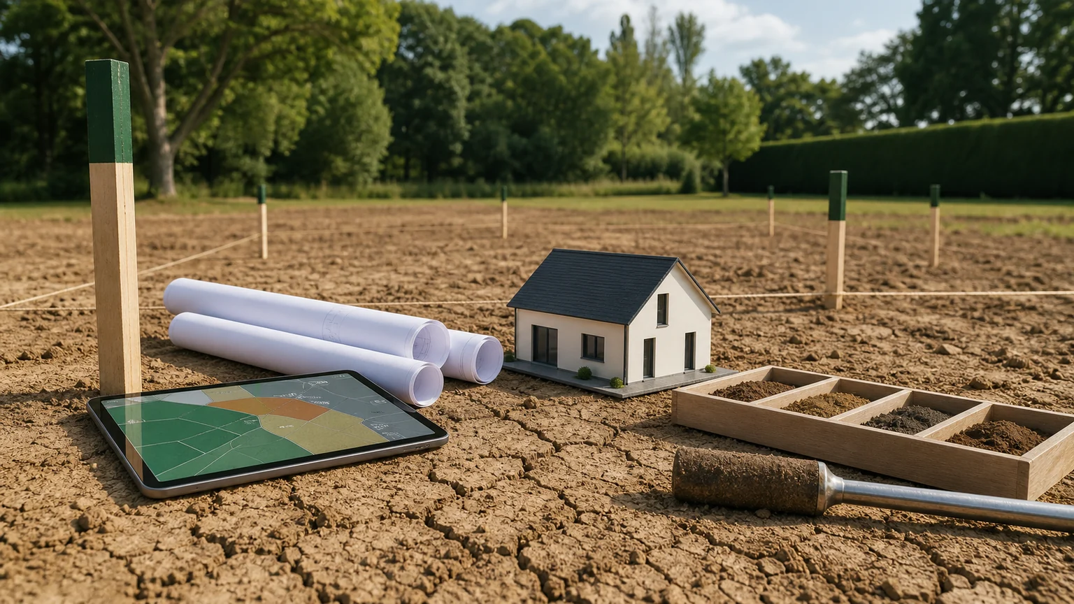 Terrain constructible avec sol argileux fissuré, plans de maison, piquets de bornage et échantillons de sol sans texte lisible