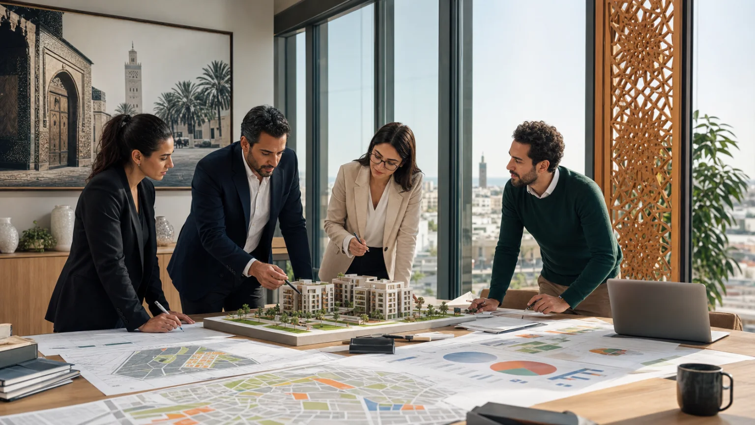 Consultants étudiant la faisabilité d’un projet immobilier au Maroc autour d’une maquette, de cartes et de scénarios financiers sans texte lisible