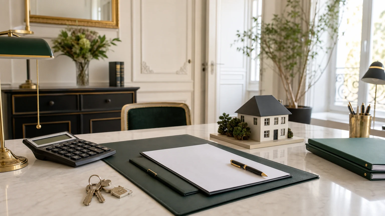 Bureau de notaire avec calculatrice, clés, dossier vierge et maquette de maison pour préparer les frais d’acquisition sans texte ni logo