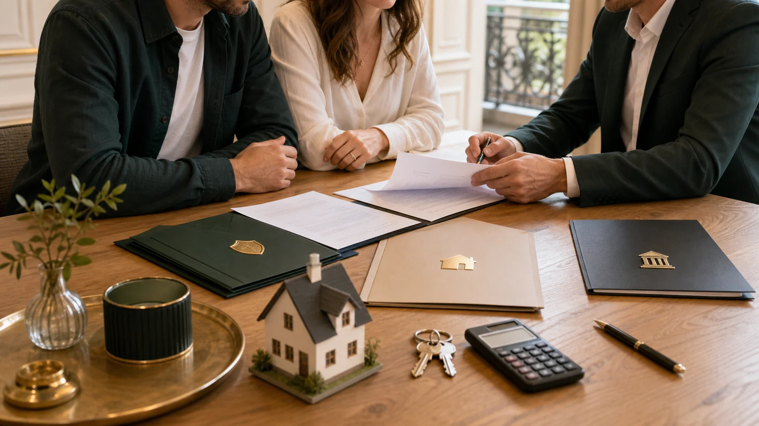 Acheteurs et conseiller comparant une offre de prêt immobilier avec dossiers, clés, calculatrice et maquette de maison sans texte lisible