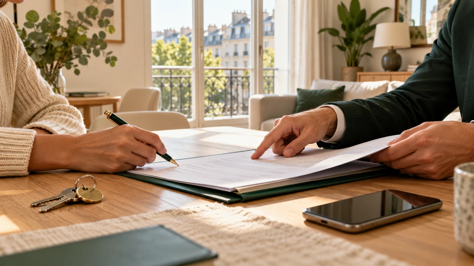 Bailleur et futur locataire examinant un dossier de location avant signature du bail dans un appartement lumineux