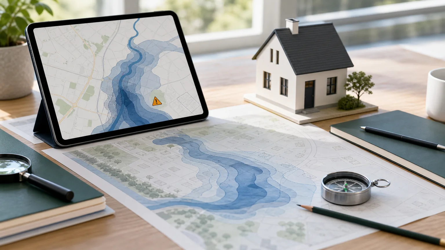 Carte des risques et maquette de maison pour vérifier un achat immobilier avec Géorisques