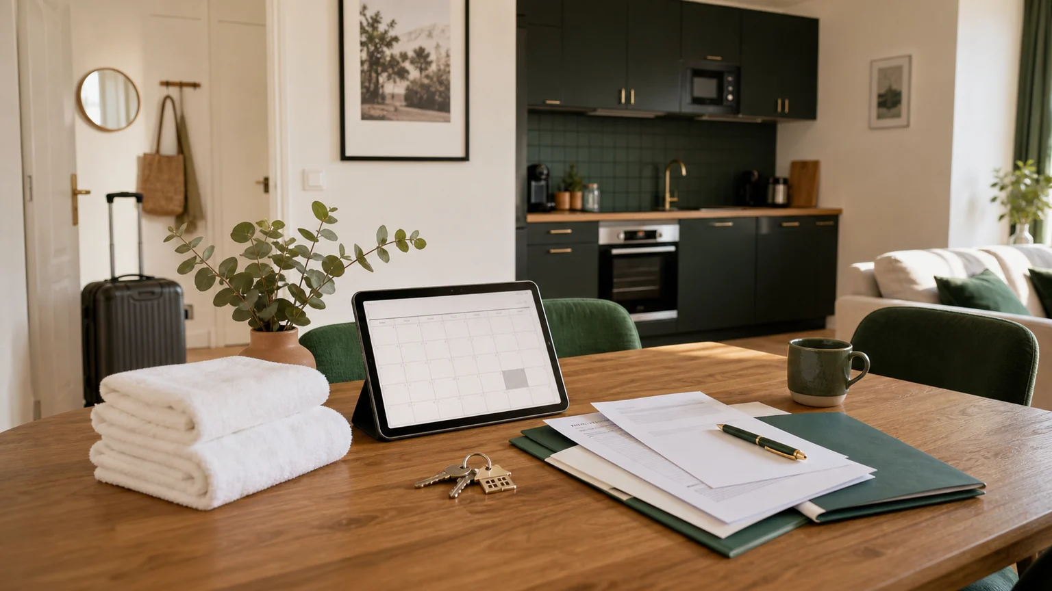 Appartement meublé préparé pour une location courte durée avec valise, clés, linge propre, tablette et dossier administratif sans texte lisible