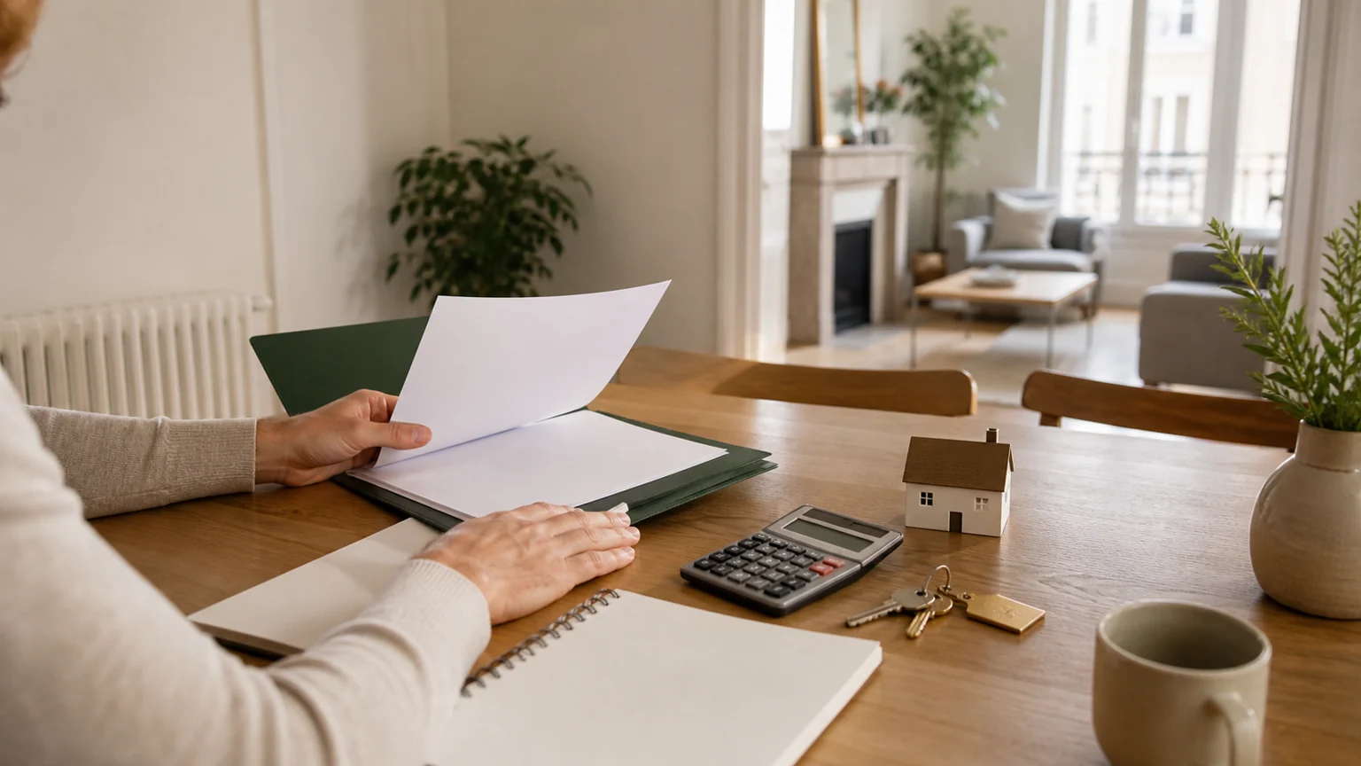 Propriétaire bailleur préparant un dossier de location abordable avec clés, calculatrice et maquette de maison dans un appartement lumineux sans texte lisible