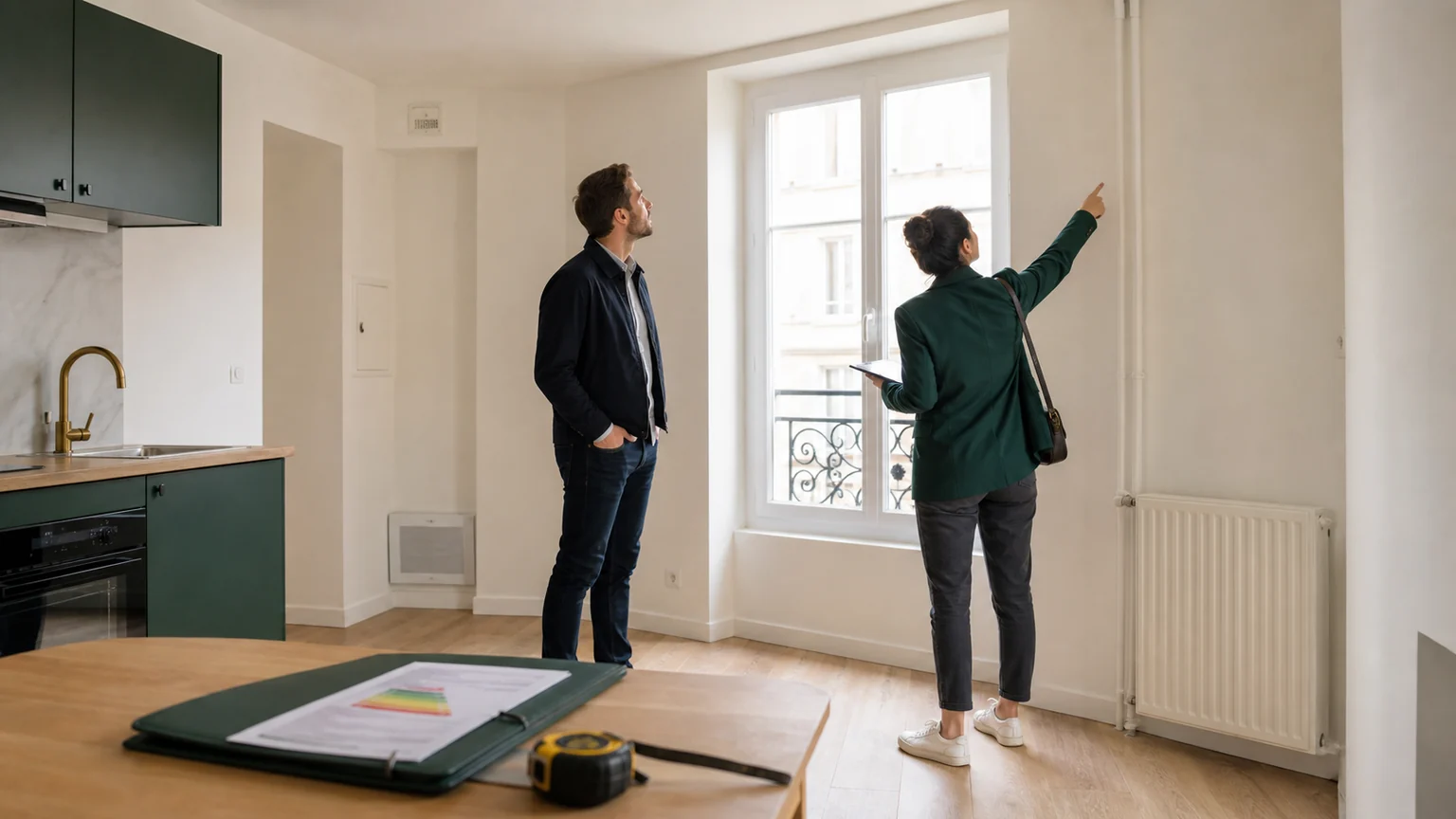 Bailleur et professionnelle inspectant un appartement lumineux avec cuisine, radiateur, fenêtre sécurisée et dossier énergie sans texte lisible