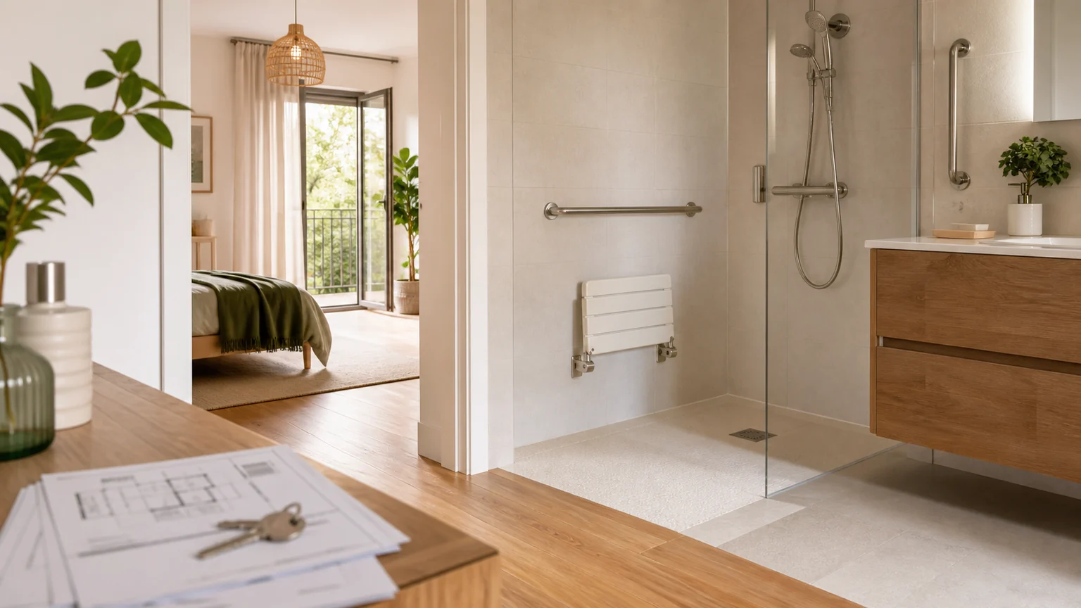 Salle de bain moderne adaptée avec douche de plain-pied, barres d’appui, plans de rénovation et clés sans texte lisible