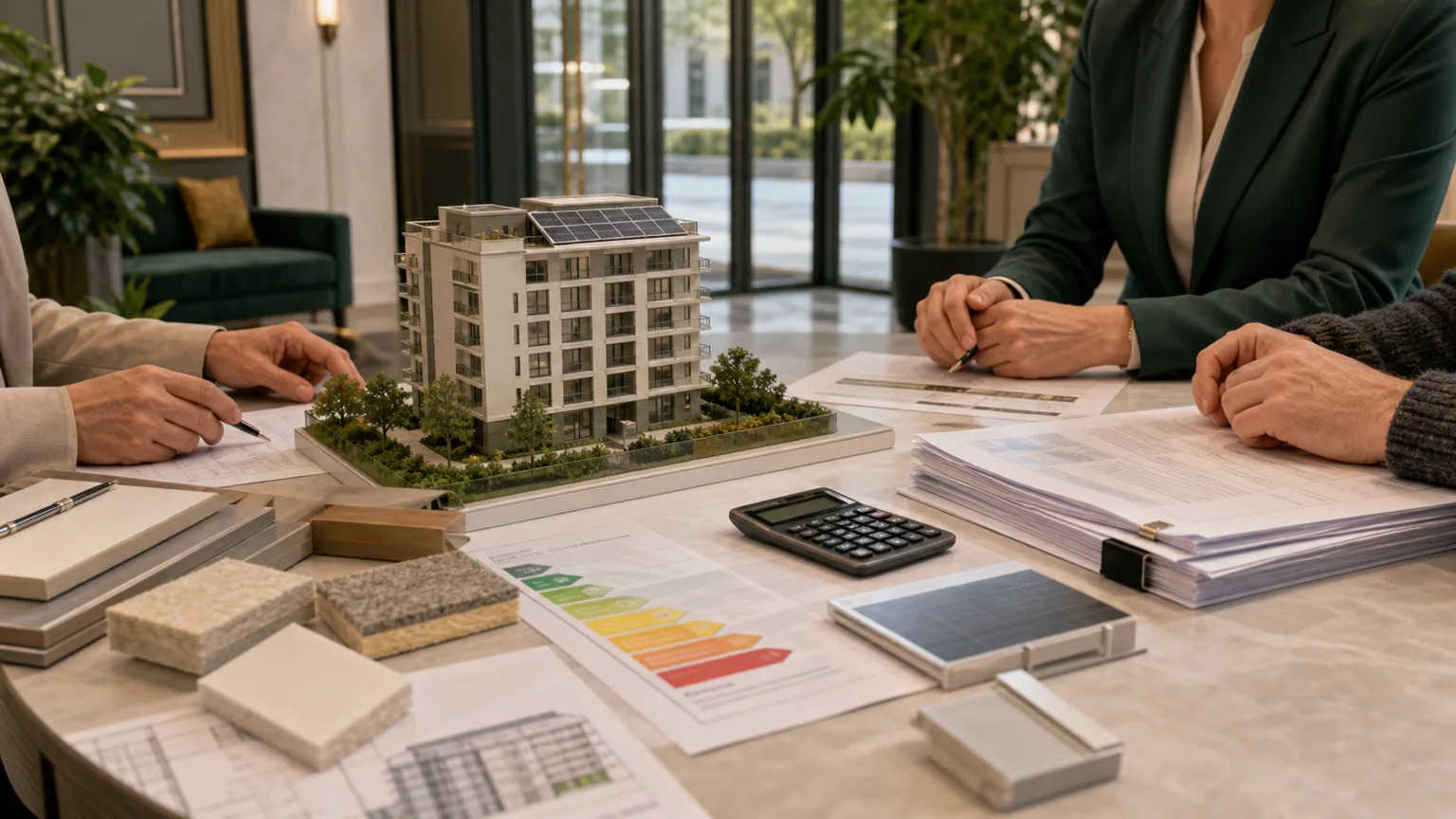 Réunion de copropriétaires autour d’une maquette d’immeuble, devis de rénovation, calculatrice et matériaux isolants sans texte lisible