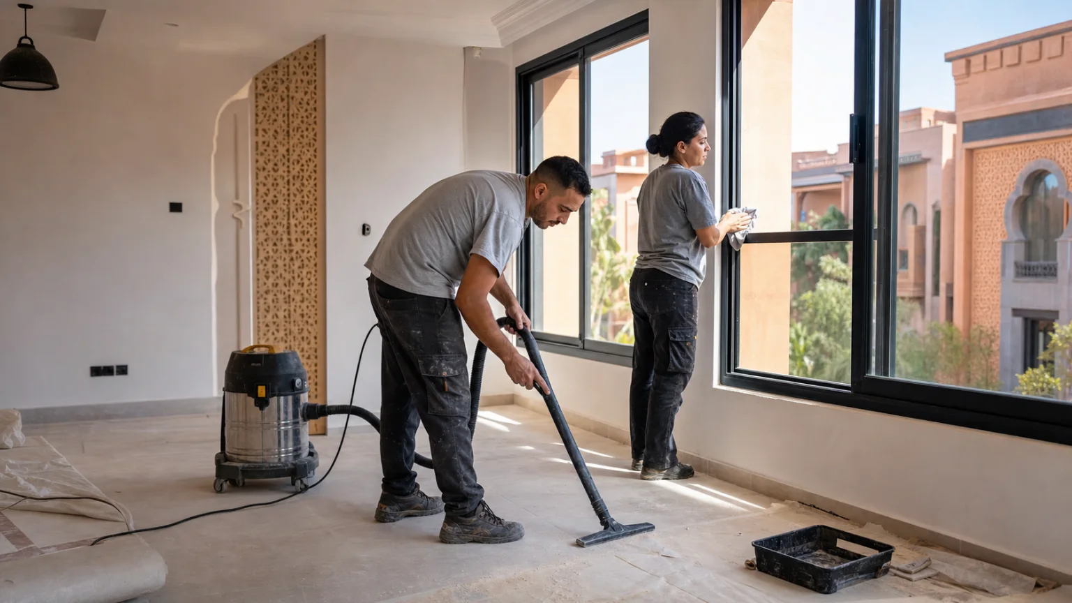 Équipe réalisant le nettoyage de fin de chantier dans un appartement rénové et lumineux à Marrakech sans texte ni logo