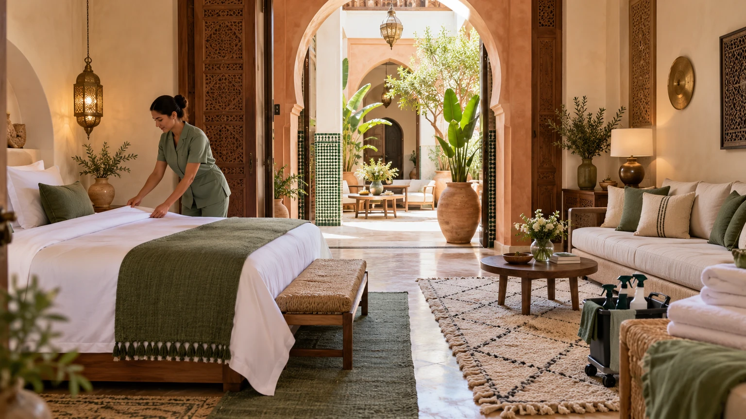 Préparation du linge de lit dans un hébergement à Marrakech avec canapé, tapis et patio lumineux