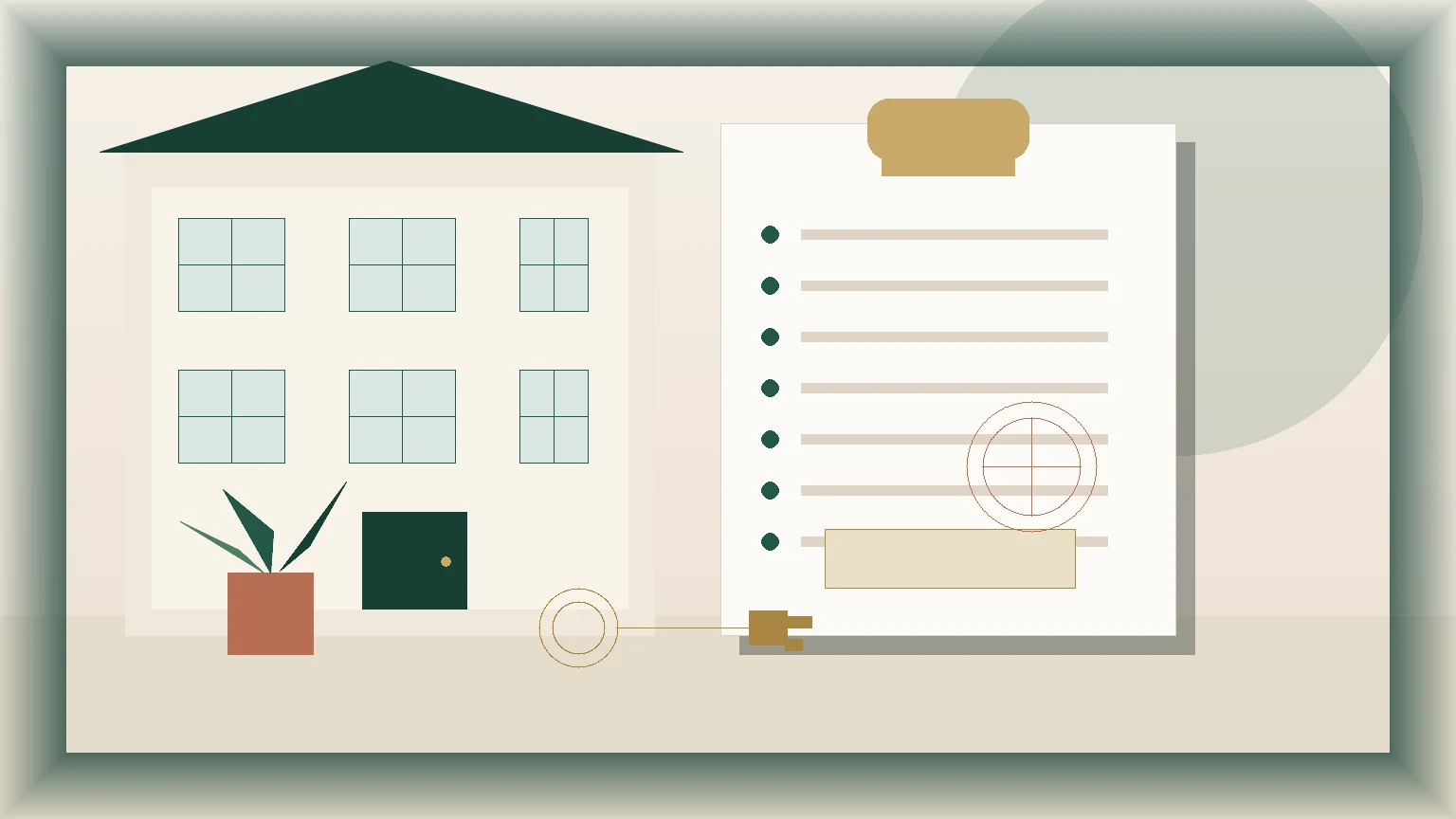 Propriétaire préparant un dossier de mise en location avec clés, plan de logement et contrôle administratif en mairie
