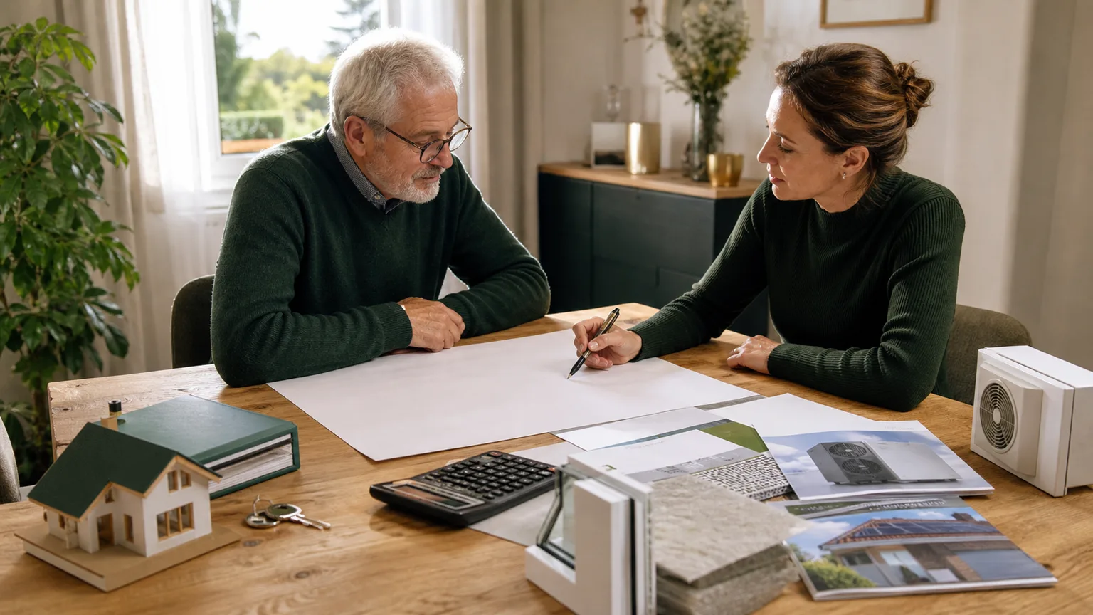 Propriétaire senior et conseillère en rénovation étudiant un dossier de financement avec plans, clés, calculatrice et échantillons énergétiques sans texte lisible