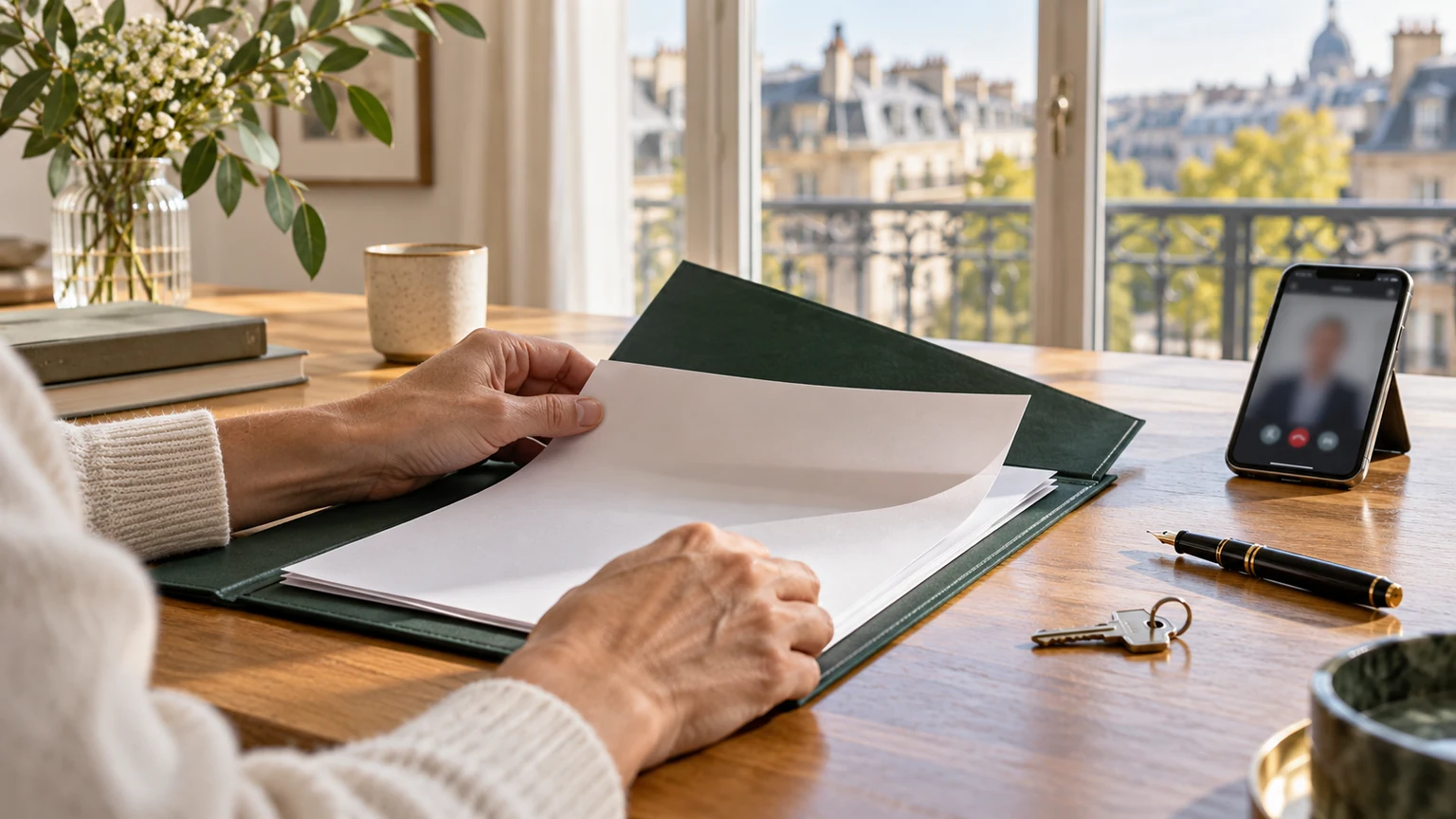 Vendeur relisant un dossier de procuration immobilière avec clés et appel vidéo avant une signature chez le notaire