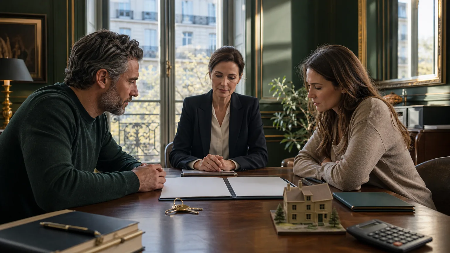 Ex-couple et notaire examinant un dossier de logement, clés, calculatrice et maquette de maison dans un bureau sans texte lisible