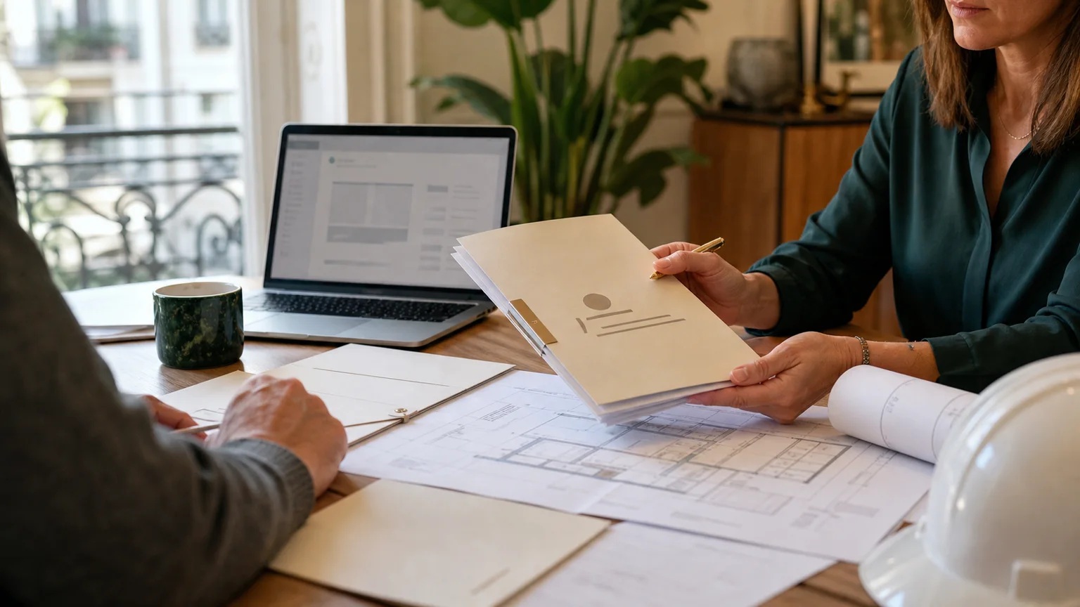 Propriétaire et conseiller construction vérifiant un dossier d’assurance refusé avec plans de travaux et casque de chantier dans un appartement lumineux sans texte lisible