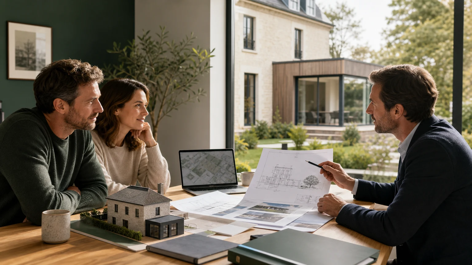 Vendeur, acquéreur et conseiller urbanisme examinant les plans d’une maison avec extension devant une maquette et un dossier de régularisation sans texte lisible