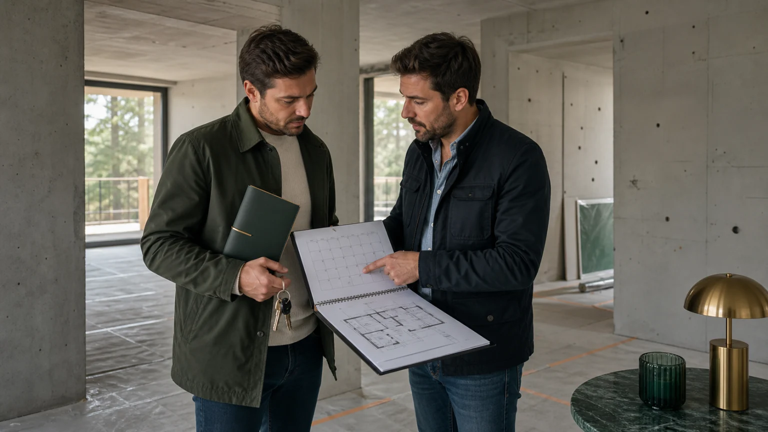 Acquéreur et responsable de chantier consultant un calendrier et des plans dans un logement neuf inachevé sans texte lisible