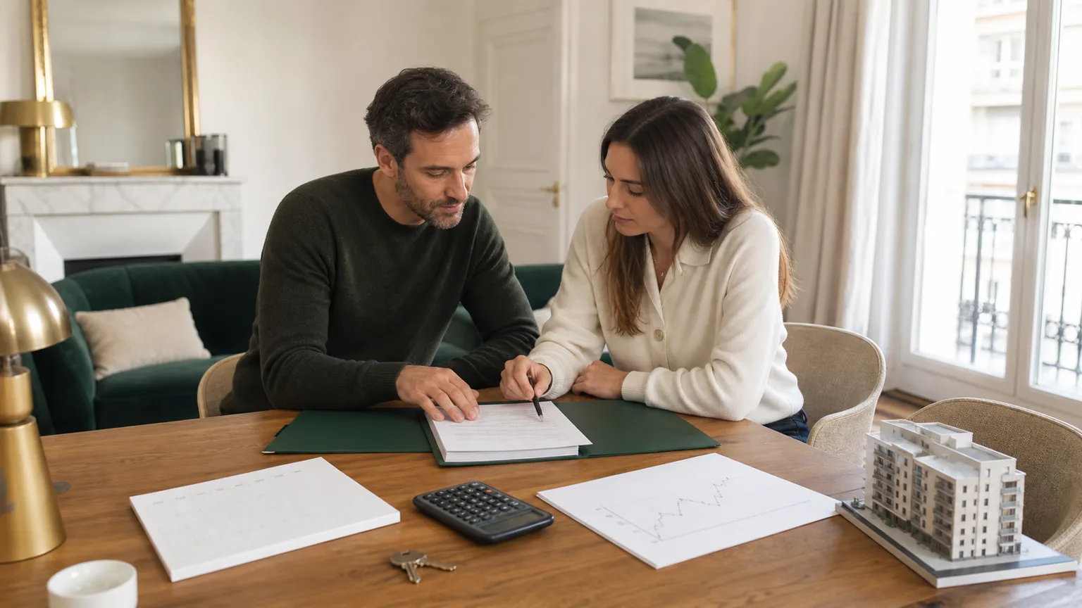 Bailleur et locataire relisant un bail avec calculatrice, clés, calendrier vierge et maquette de logement pour calculer une révision de loyer sans texte lisible