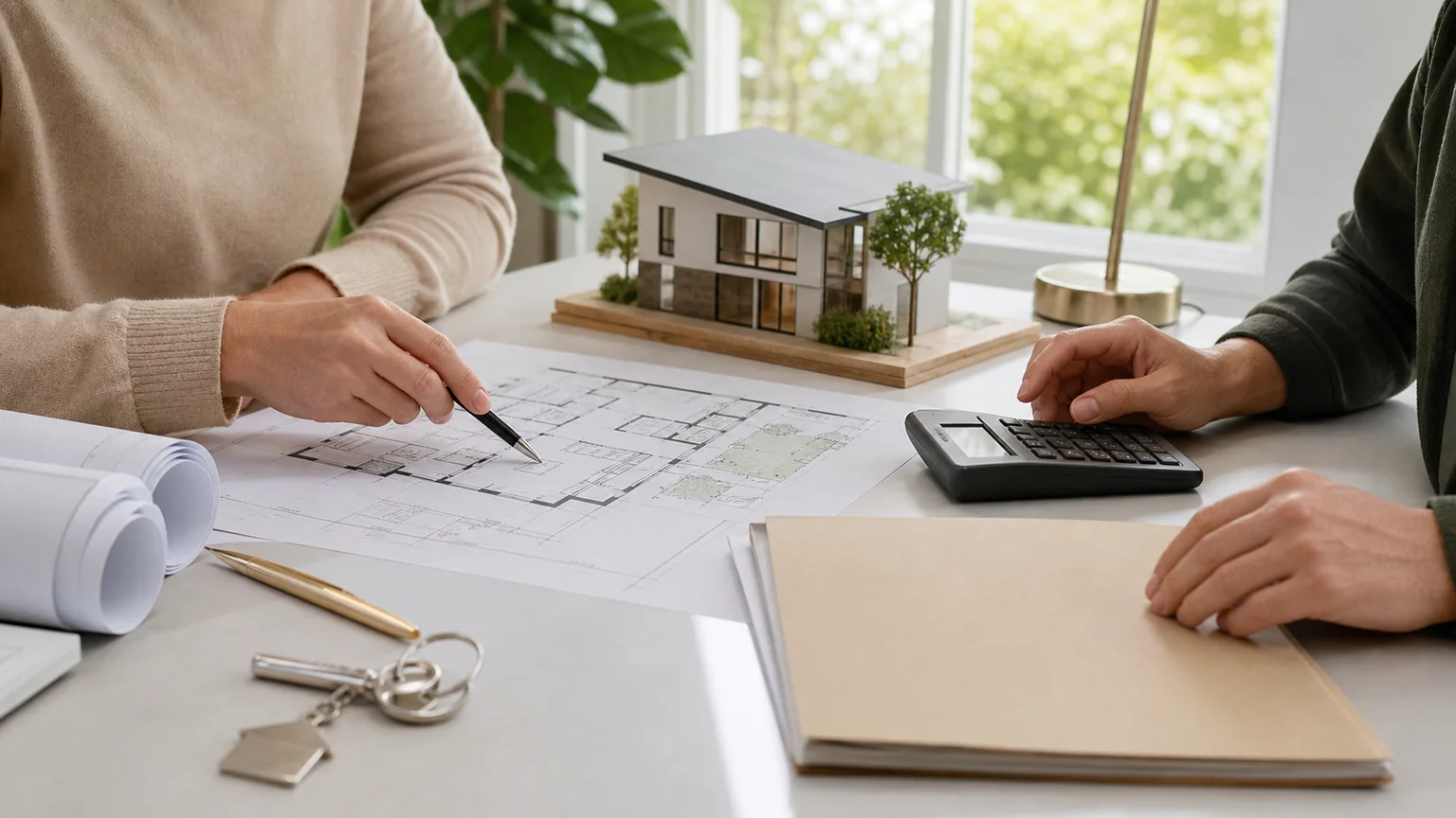 Propriétaire et conseillère immobilière estimant le budget d’une extension avec plans, maquette de maison, calculatrice et dossier administratif sans texte lisible