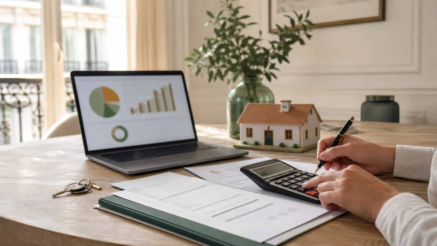 Acheteur immobilier calculant la taxe foncière avec des clés, un dossier fiscal et une maquette de maison