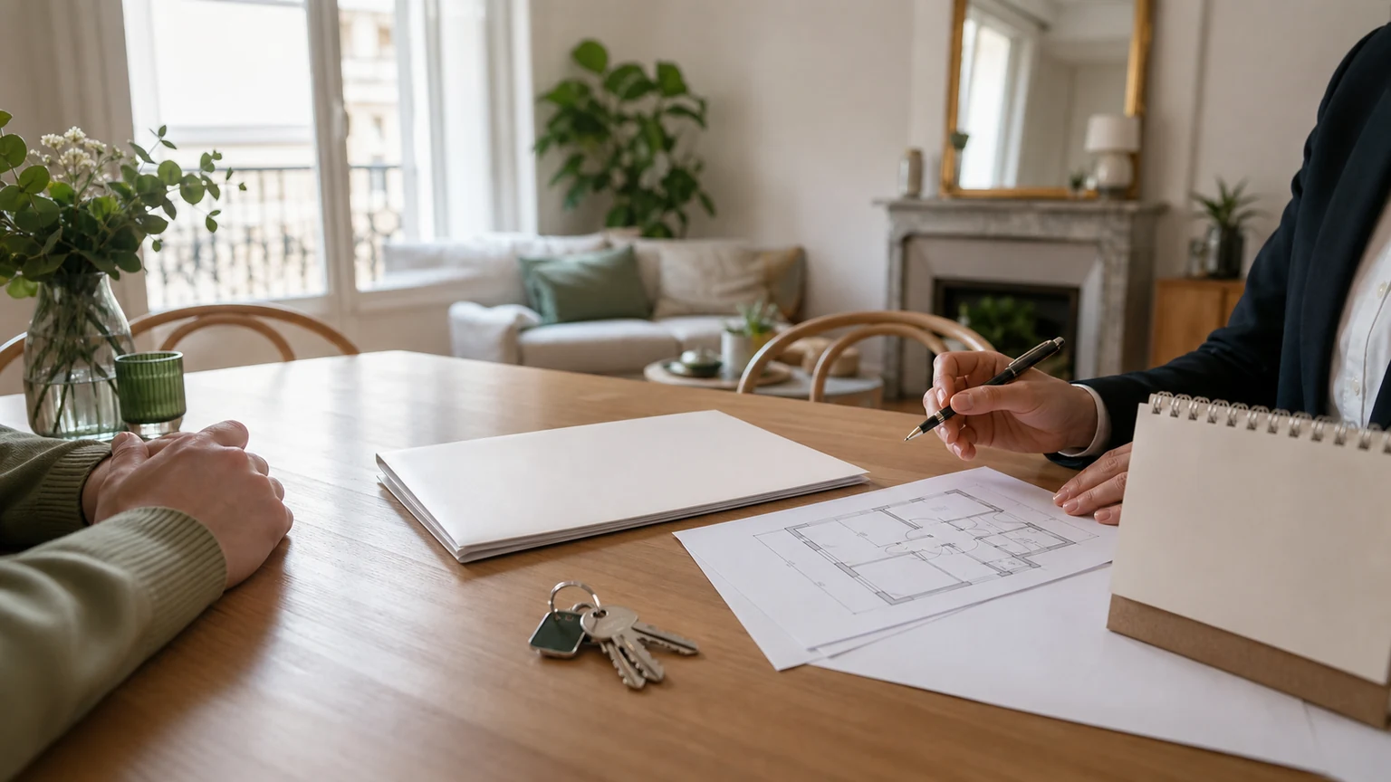 Vendeur et conseiller immobilier préparant la vente d’un appartement loué avec bail, clés et plan du logement sur une table